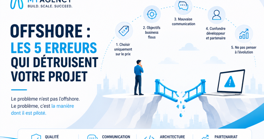 Illustration des erreurs fréquentes en développement offshore qui détruisent un projet web sur mesure